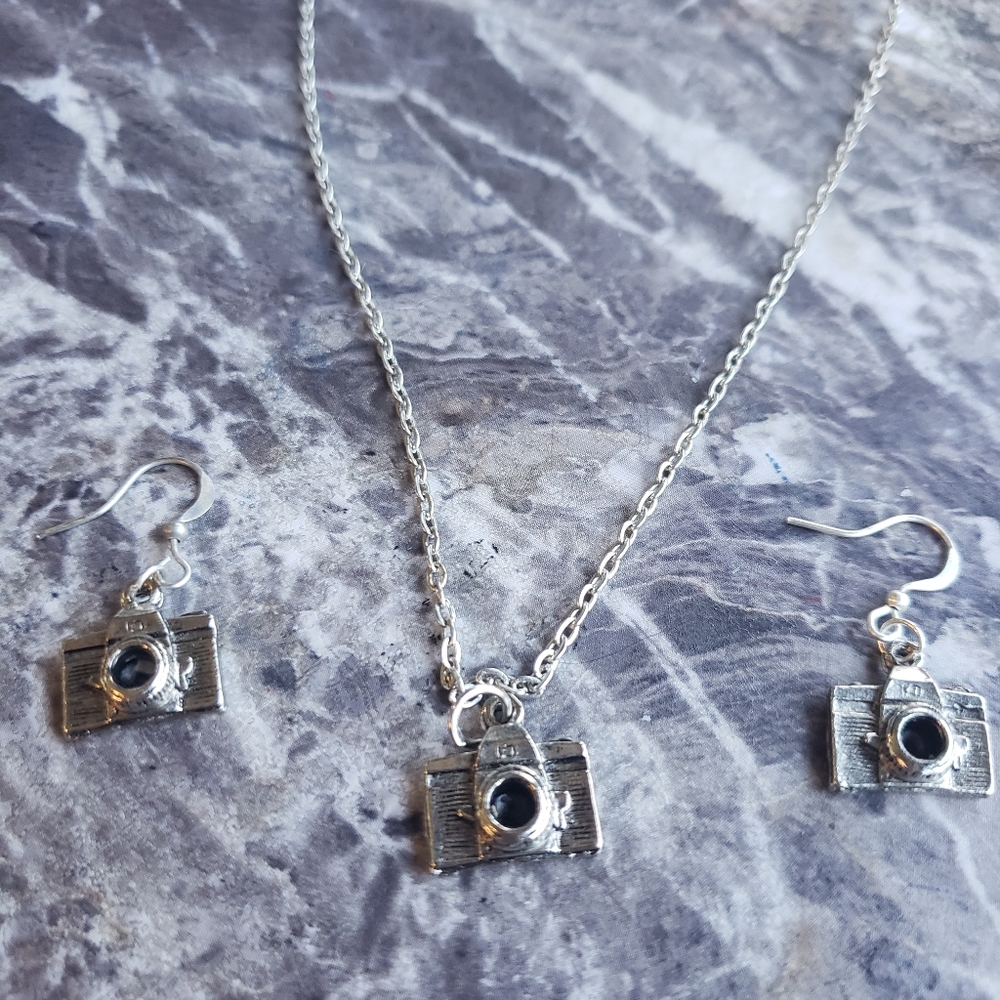 Vintage style camera necklace and earring set rockabilly style punk rock goth